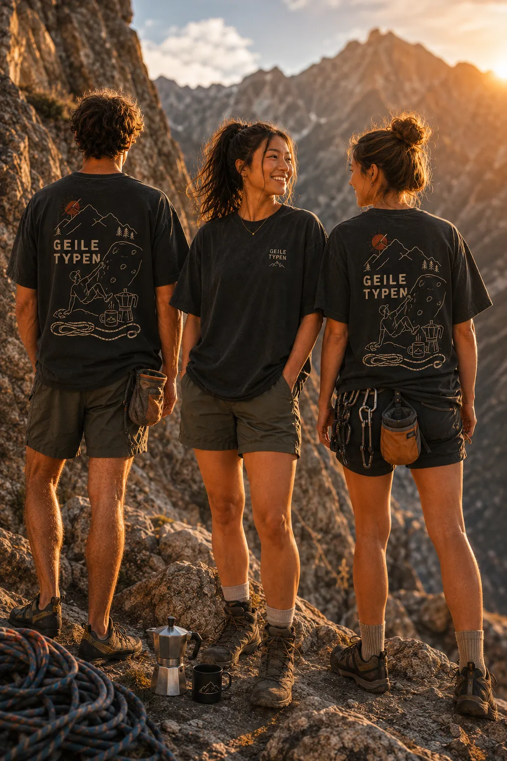 Social Climbing Club Crew am Berg bei Sonnenuntergang